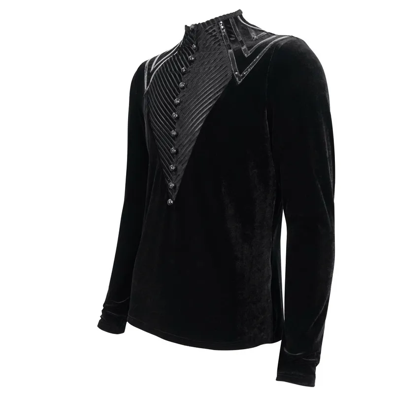 Men's Leather Strips Velvet Top / Gothic Style Long Sleeves Black Top with Buttons