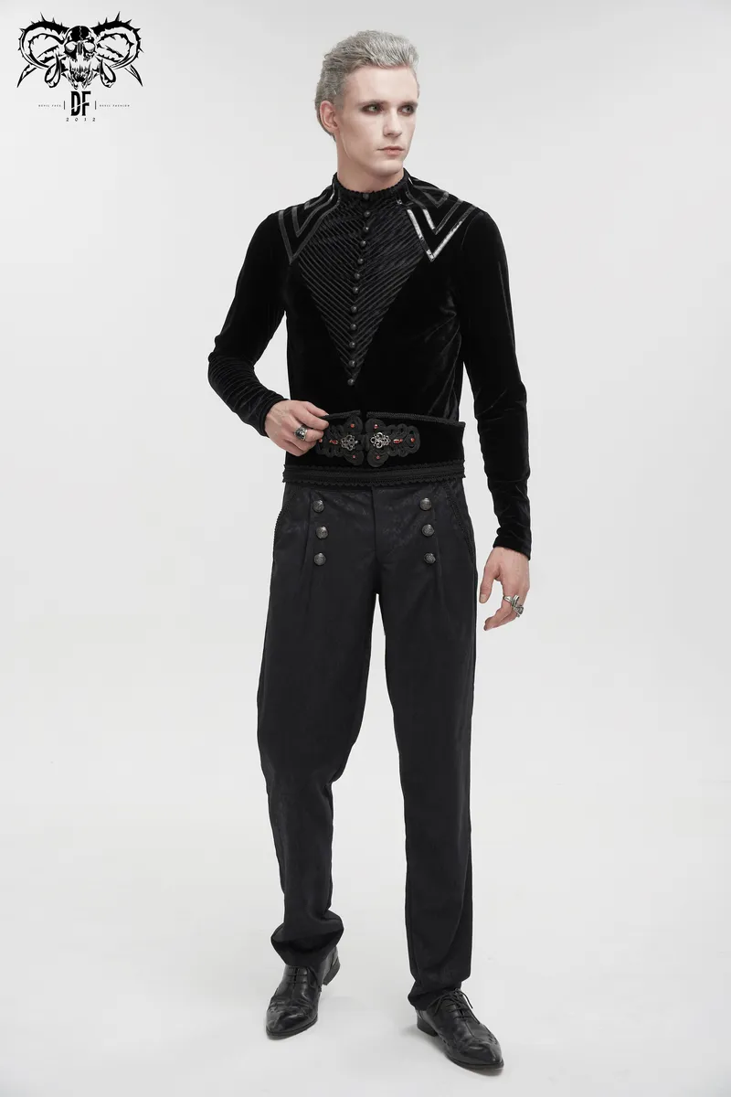 Men's Leather Strips Velvet Top / Gothic Style Long Sleeves Black Top with Buttons