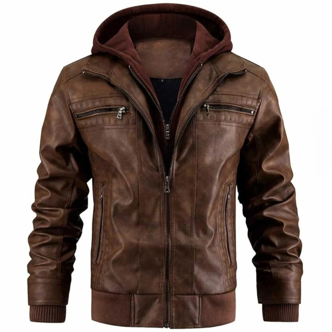 Mens Motorcycle Jacket  Leather Look  Structured Fit  Hoodie Layer  Zipper Pockets