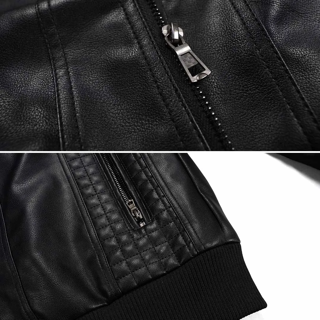 Mens Motorcycle Jacket  Leather Look  Structured Fit  Hoodie Layer  Zipper Pockets