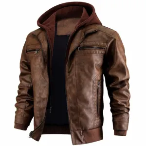 Mens Motorcycle Jacket  Leather Look  Structured Fit  Hoodie Layer  Zipper Pockets