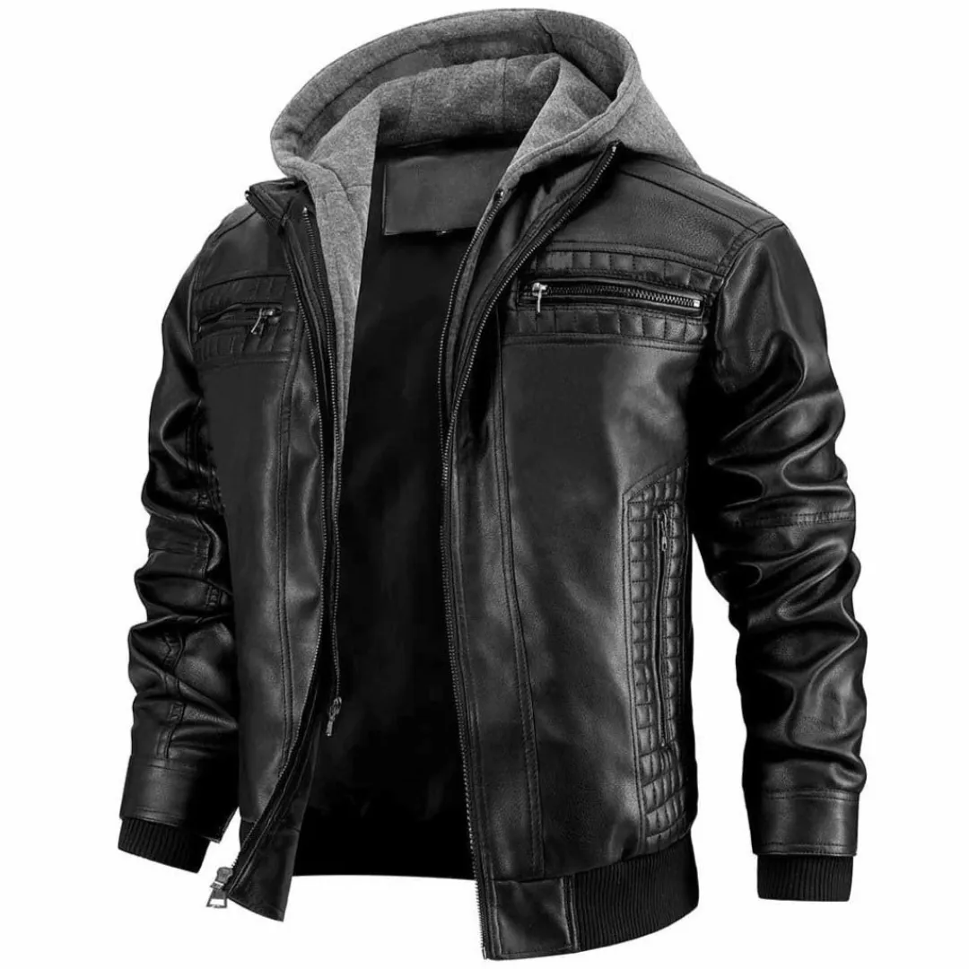 Mens Motorcycle Jacket  Leather Look  Structured Fit  Hoodie Layer  Zipper Pockets