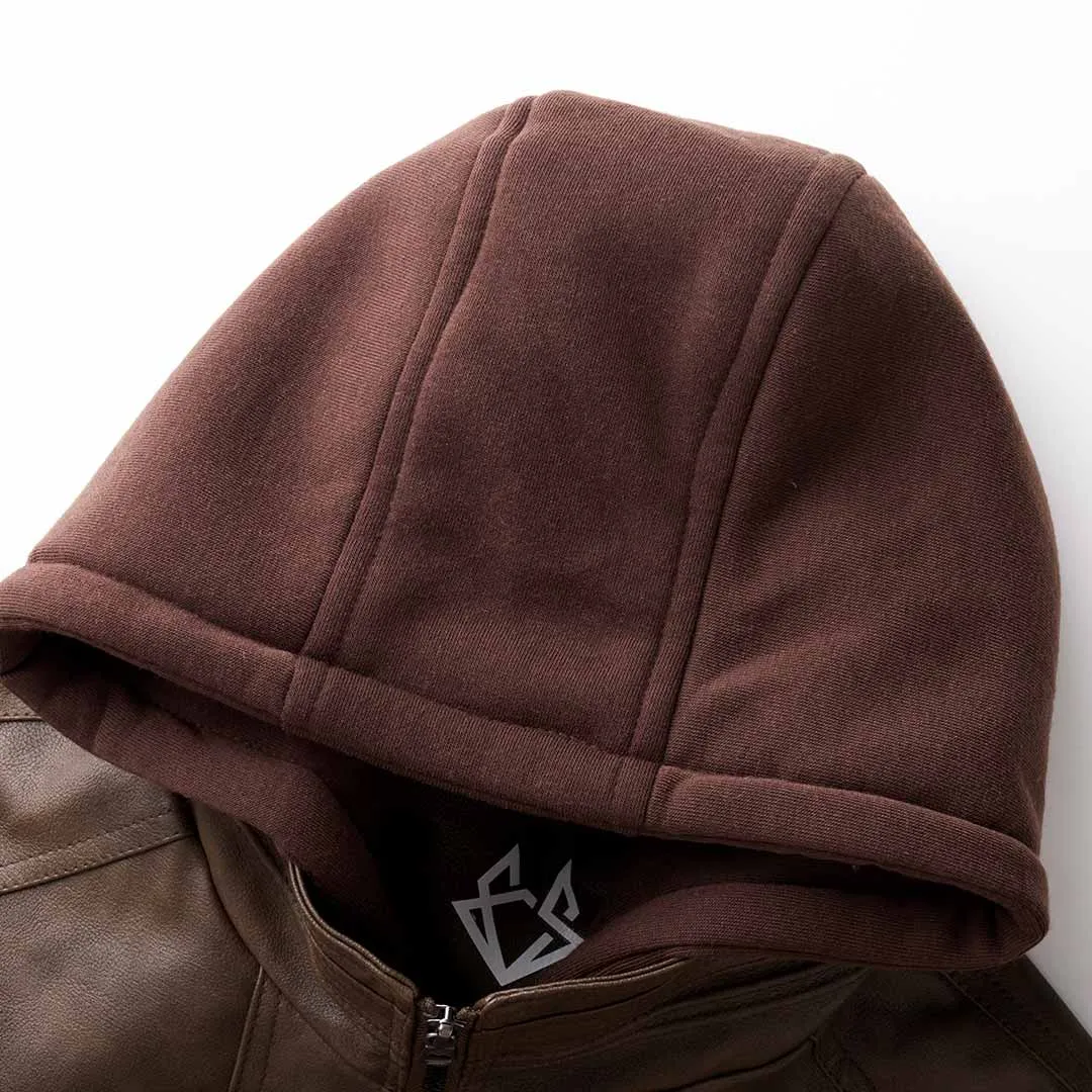 Mens Motorcycle Jacket  Leather Look  Structured Fit  Hoodie Layer  Zipper Pockets