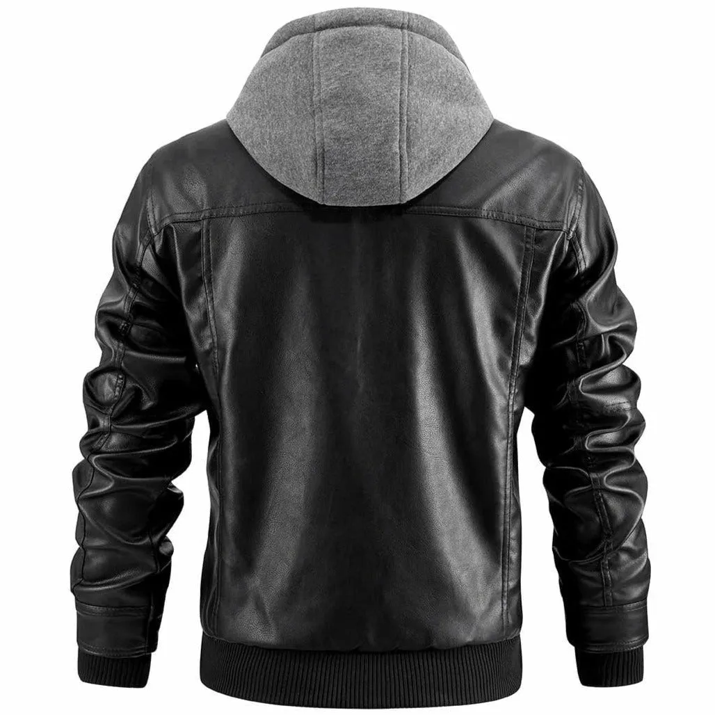 Mens Motorcycle Jacket  Leather Look  Structured Fit  Hoodie Layer  Zipper Pockets