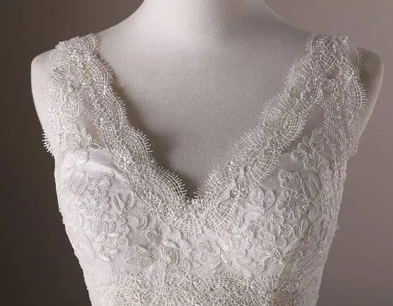 Mermaid V-neck Long Lace Sweep Train Lace Up Modest Wedding Dresses PFW0281