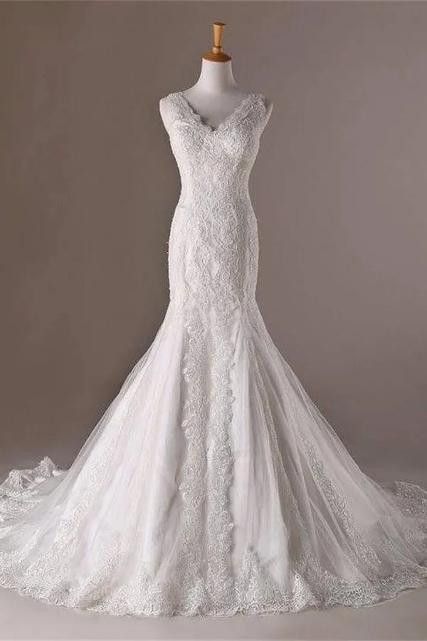 Mermaid V-neck Long Lace Sweep Train Lace Up Modest Wedding Dresses PFW0281