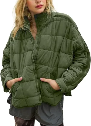 Omoone Women's Quilted Puffer Jacket Zip Up Oversized Lightweight Padded Down Coat Outerwear