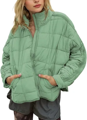 Omoone Women's Quilted Puffer Jacket Zip Up Oversized Lightweight Padded Down Coat Outerwear