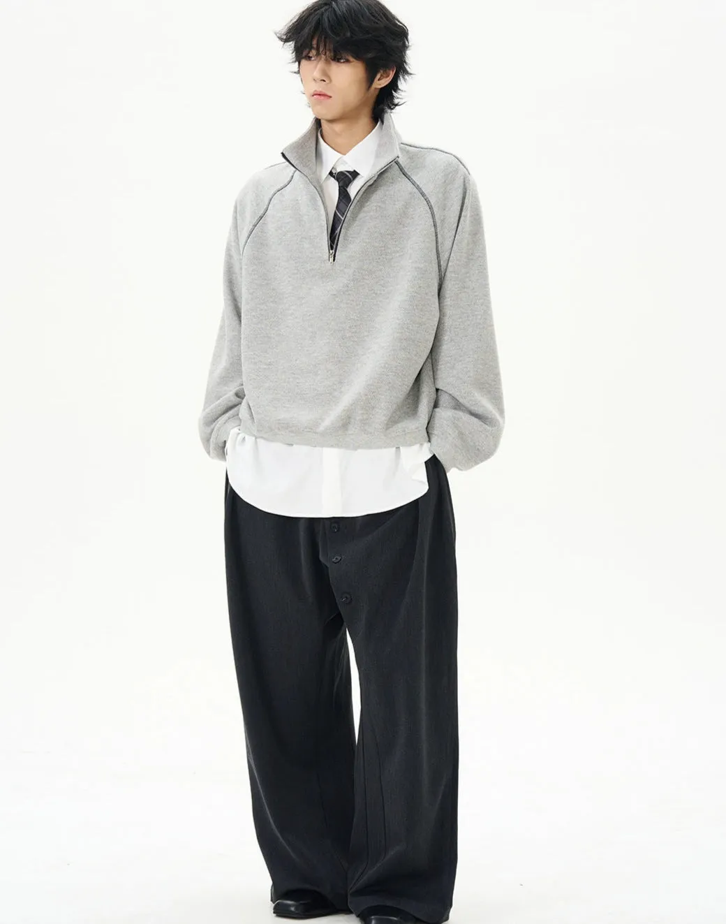 Oversized Contrast-Stitch Quarter Zip Sweatshirt