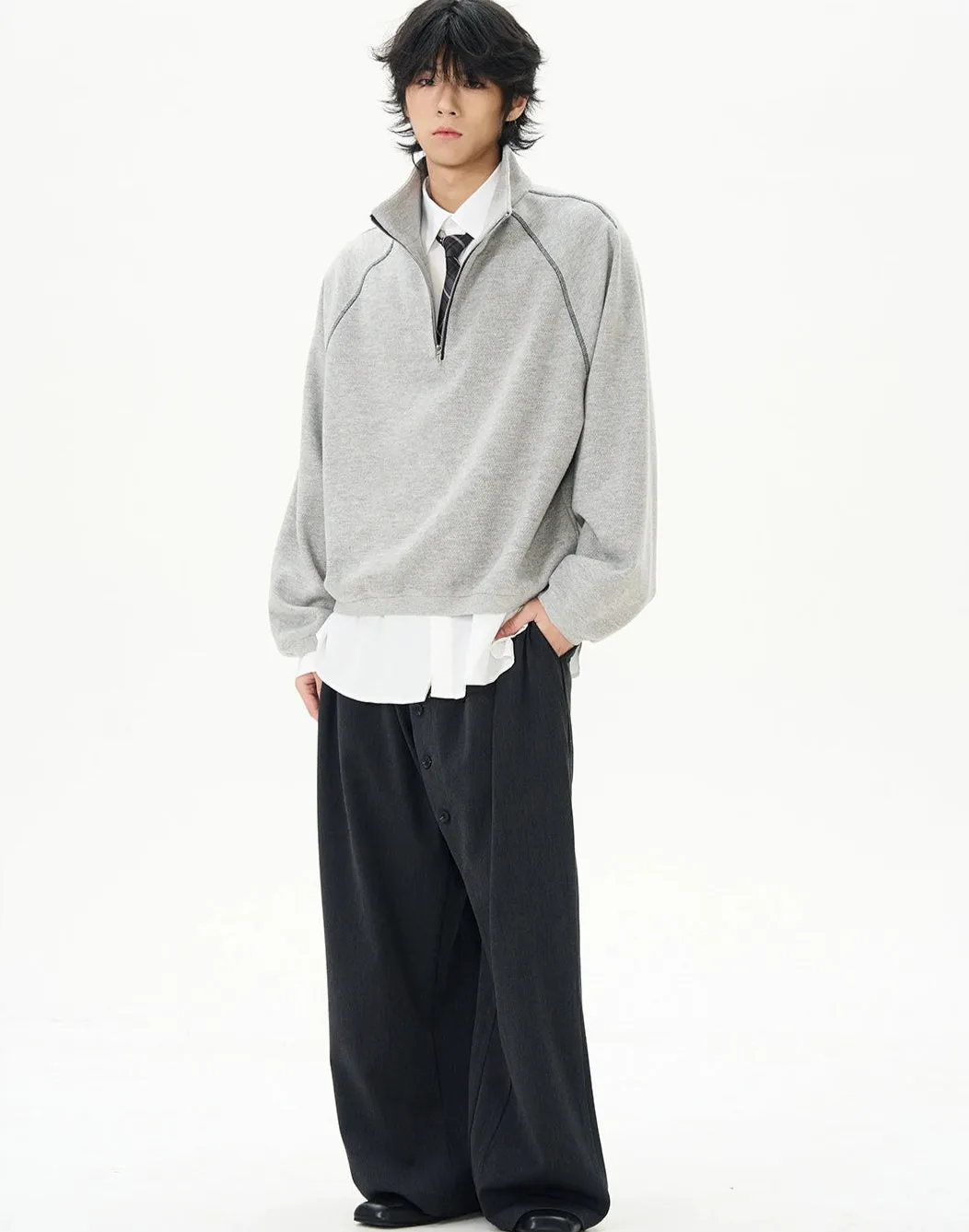 Oversized Contrast-Stitch Quarter Zip Sweatshirt