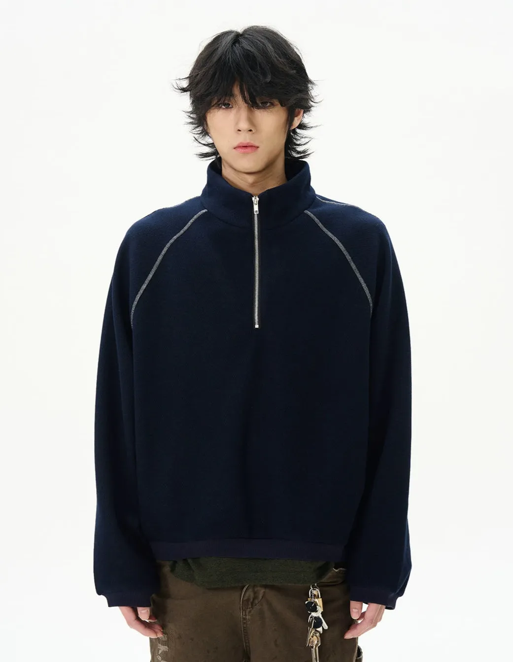 Oversized Contrast-Stitch Quarter Zip Sweatshirt