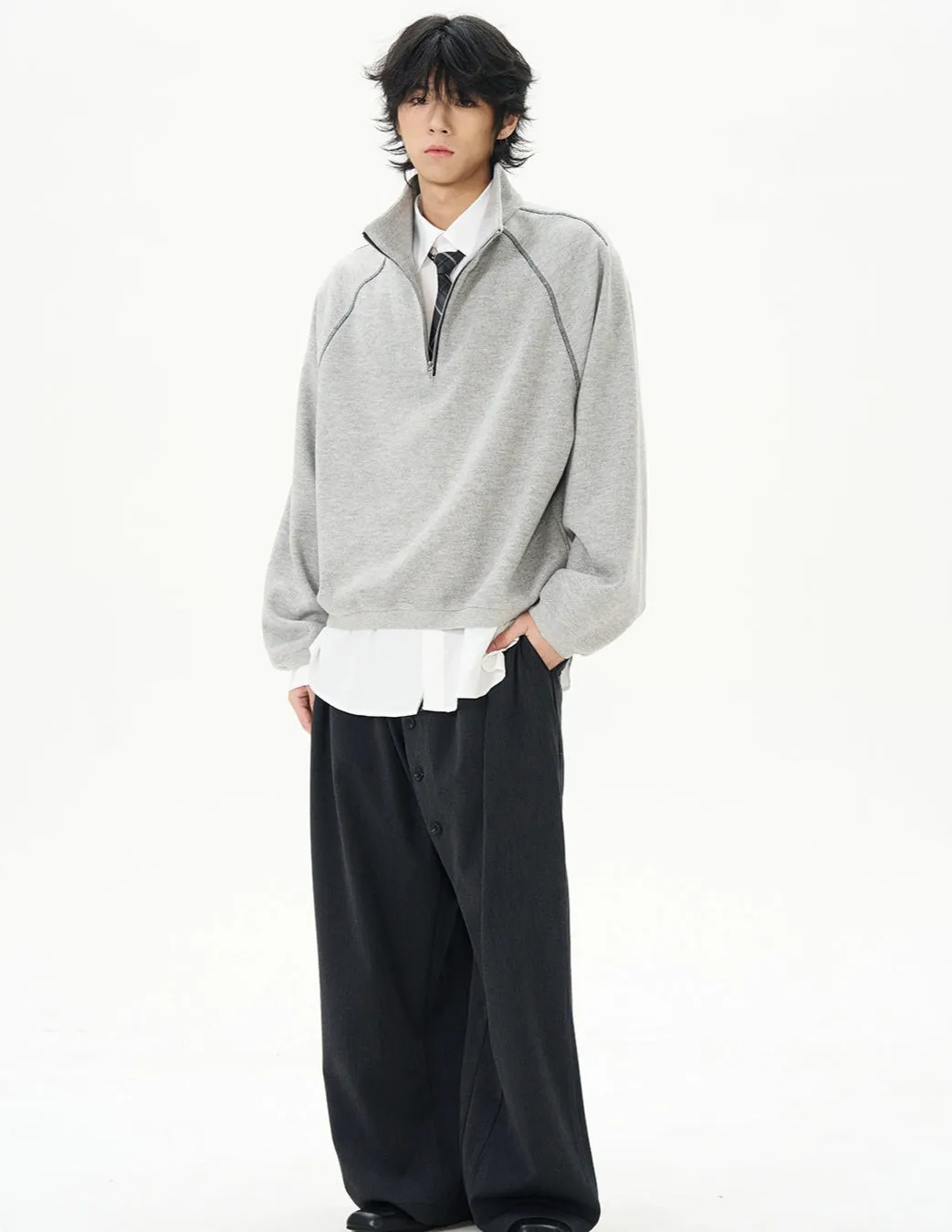 Oversized Contrast-Stitch Quarter Zip Sweatshirt
