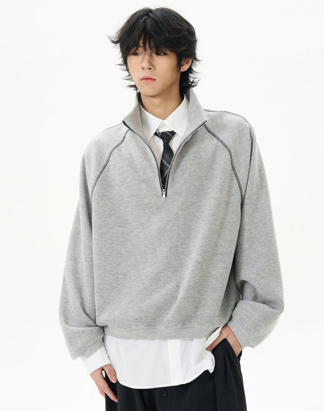Oversized Contrast-Stitch Quarter Zip Sweatshirt