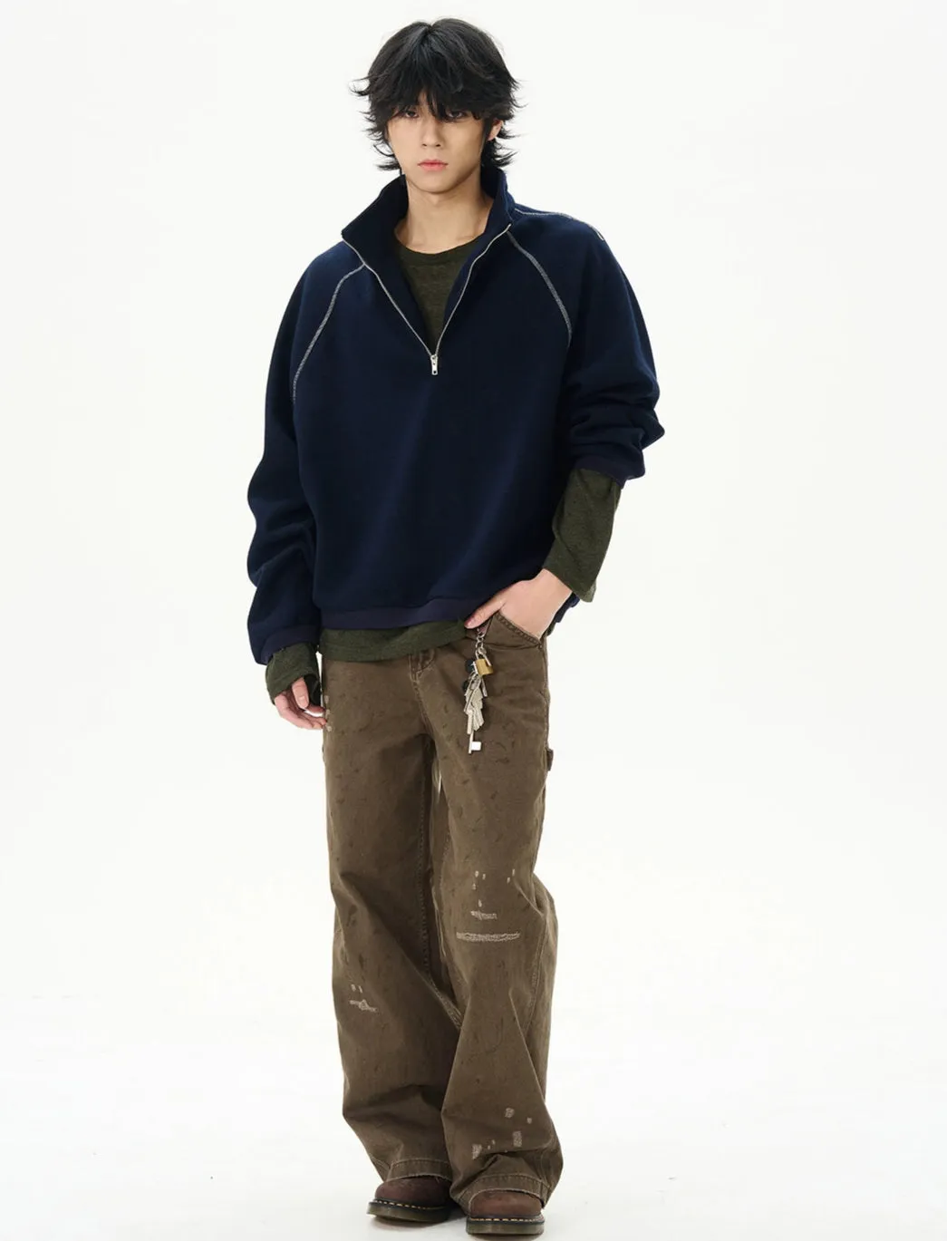 Oversized Contrast-Stitch Quarter Zip Sweatshirt