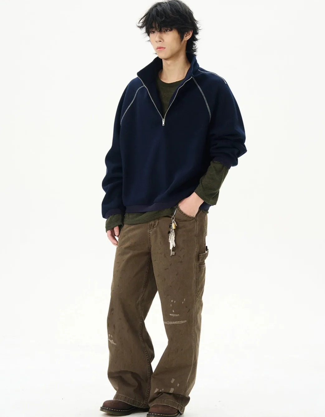 Oversized Contrast-Stitch Quarter Zip Sweatshirt