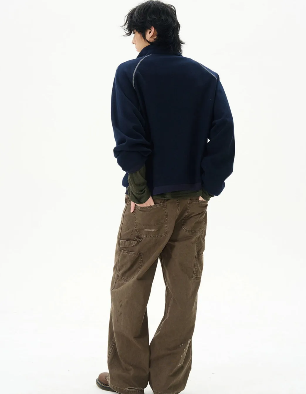 Oversized Contrast-Stitch Quarter Zip Sweatshirt