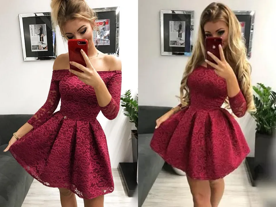 Promfast Cute Off the Shoulder Long Sleeves Burgundy Lace Homecoming Dresses Sweet 16 Dresses PFH0348