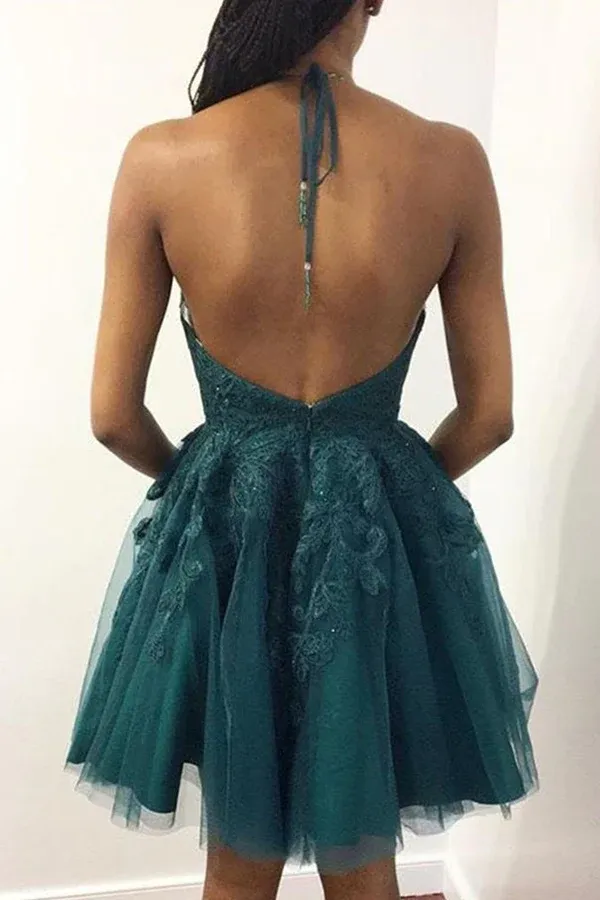 Promfast Halter Neck Short Emerald Green Lace Prom Dresses Homecoming Dresses PFH0402