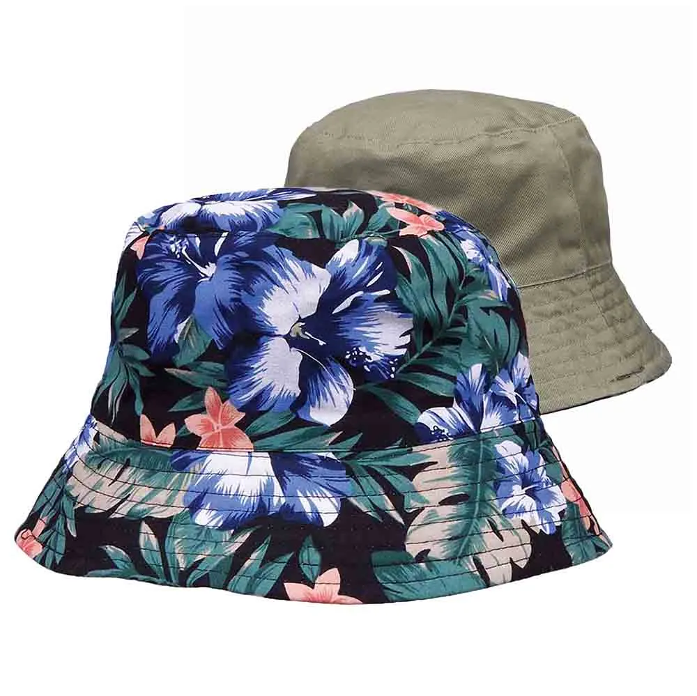 Reversible Floral Print-Solid Color Bucket Hat - Karen Keith Hats
