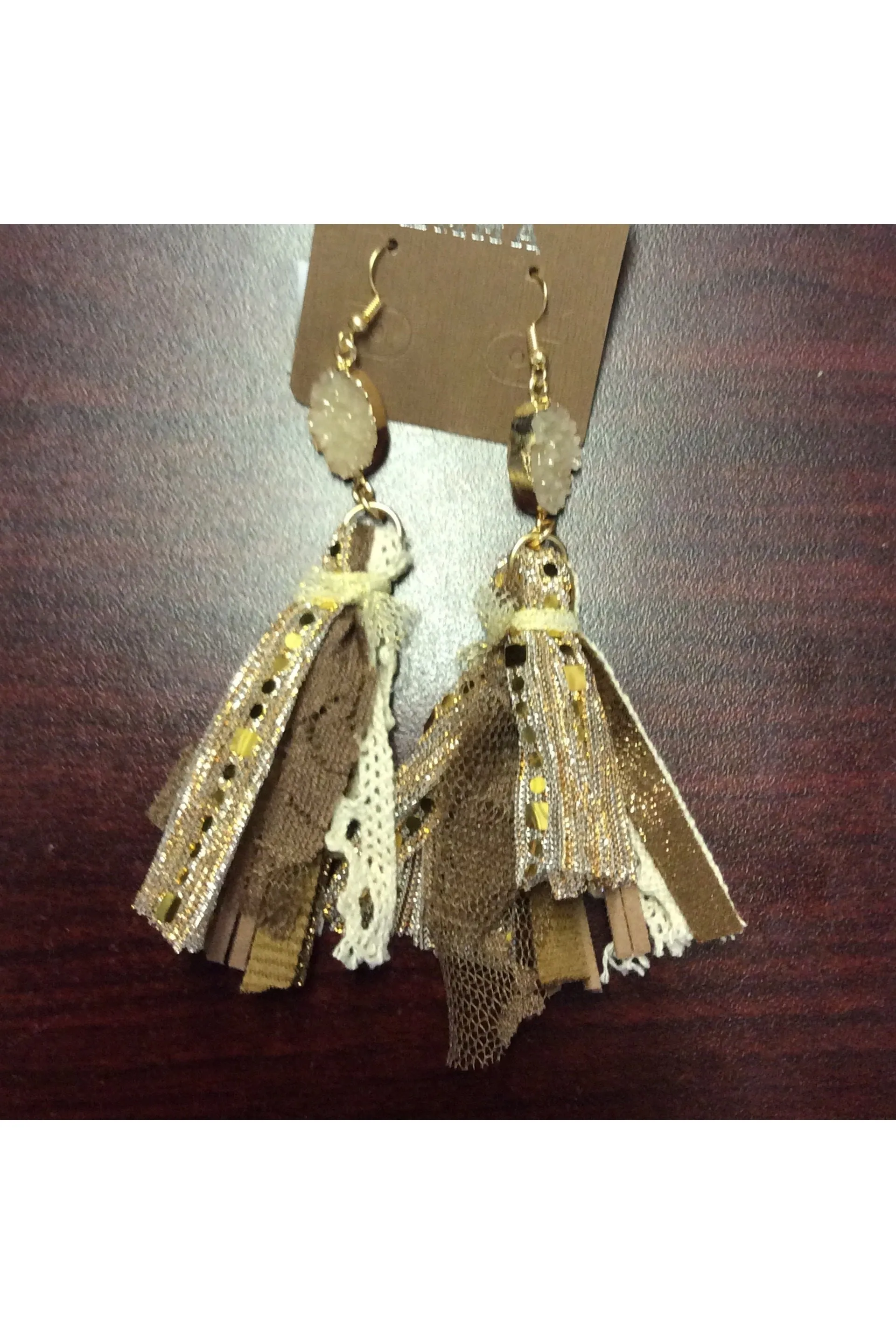 Rose Gold Tassel Earrings With Lace And Leather Trim