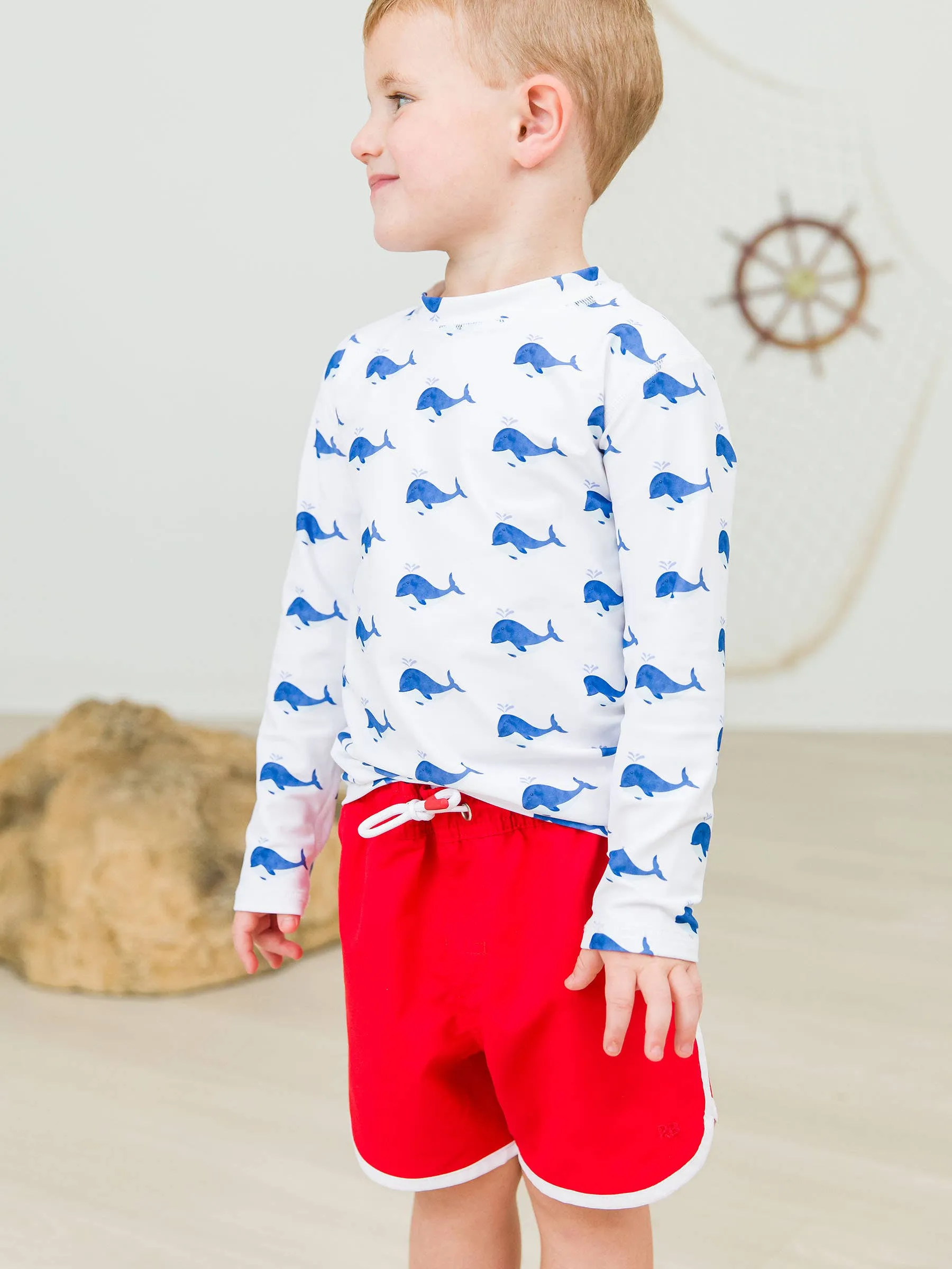 RuffleButts   RuggedButts - Boys Vintage Red Dolphin Hem Swim Trunks