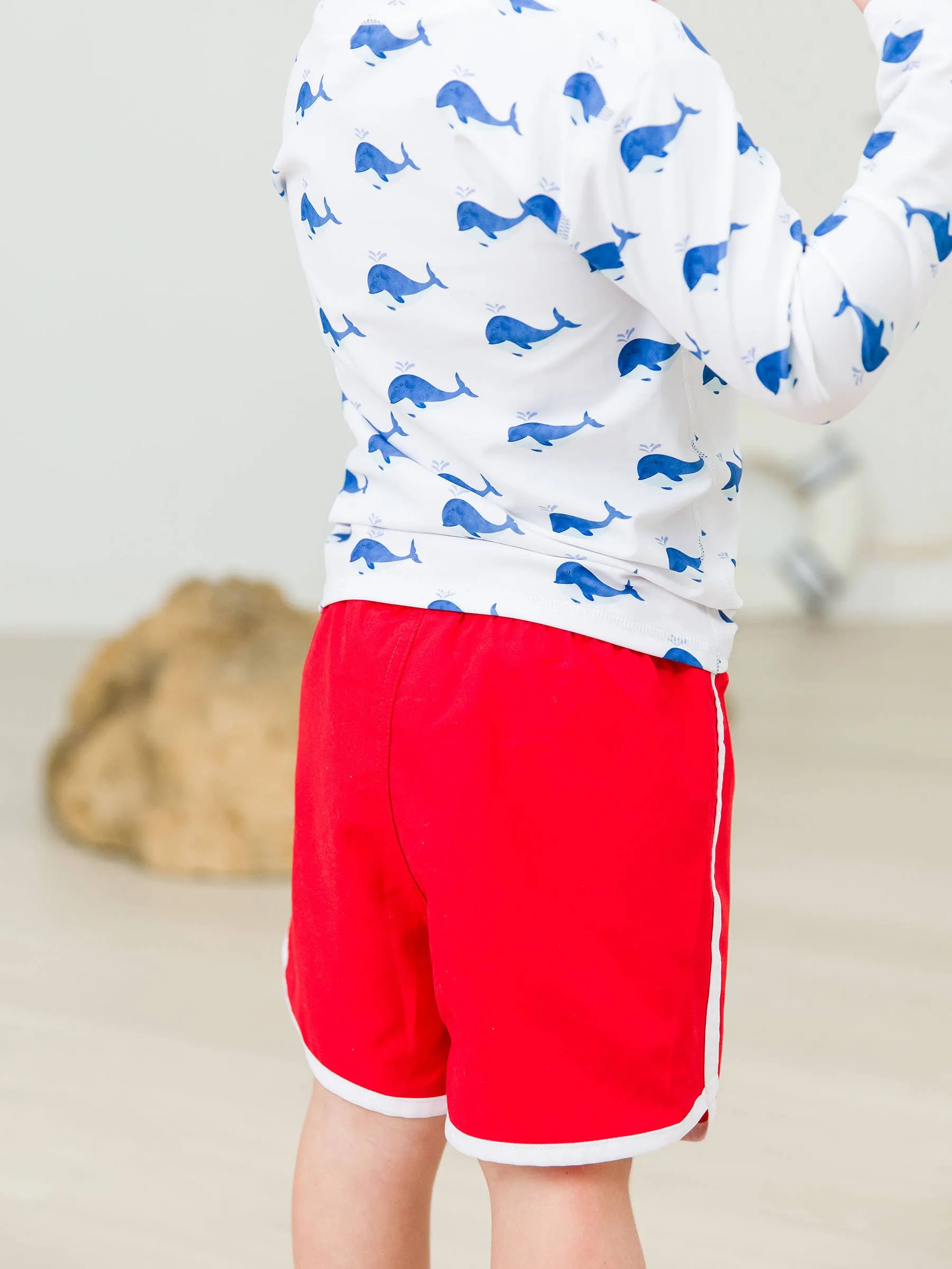 RuffleButts   RuggedButts - Boys Vintage Red Dolphin Hem Swim Trunks