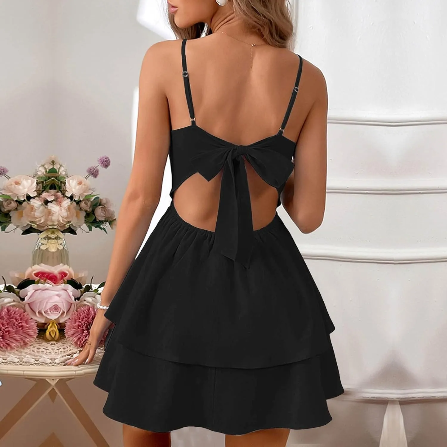 Rvidbe Women's Backless Bow Tie Short Dress 2025 Summer Casual Spaghetti Strap Tiered Ruffle Mini Dresses Party Club Outfit