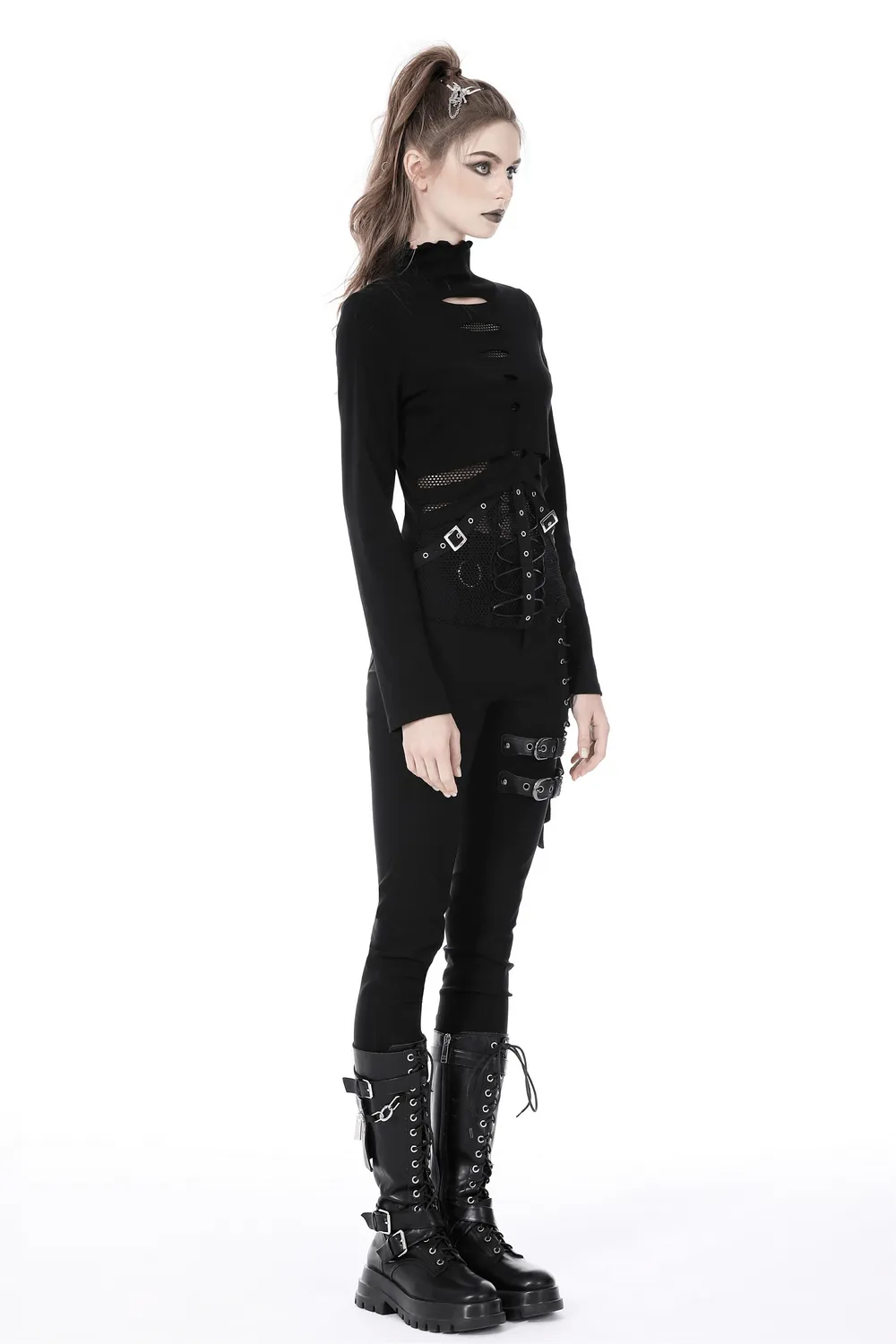 Sexy Fishnet Sweatshirt with Edgy Hardware Details