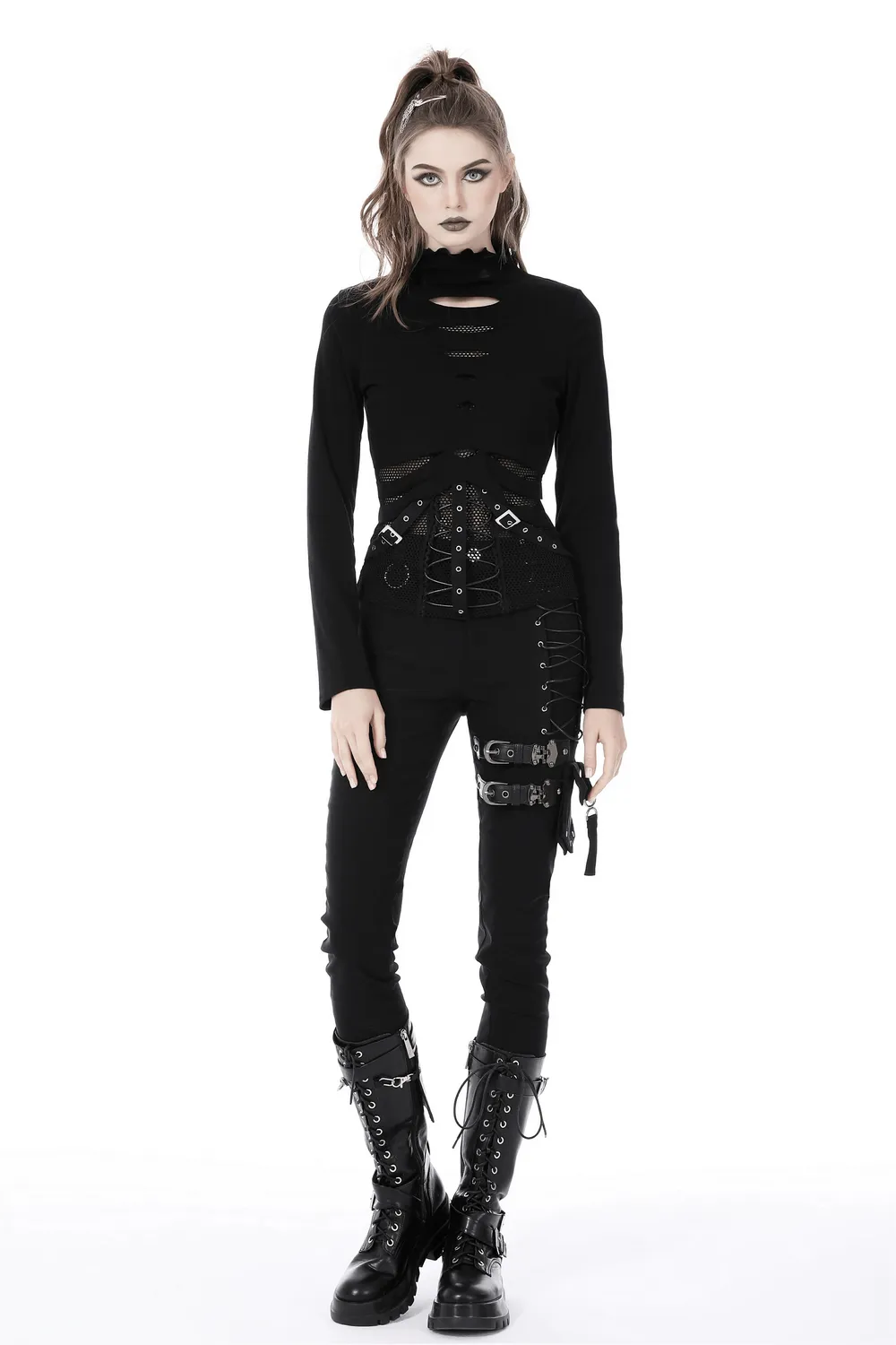 Sexy Fishnet Sweatshirt with Edgy Hardware Details