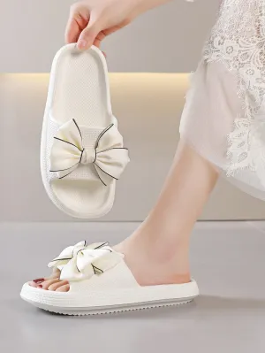 SHEIN Women Bow Decor Slides, Preppy White Solid Slides