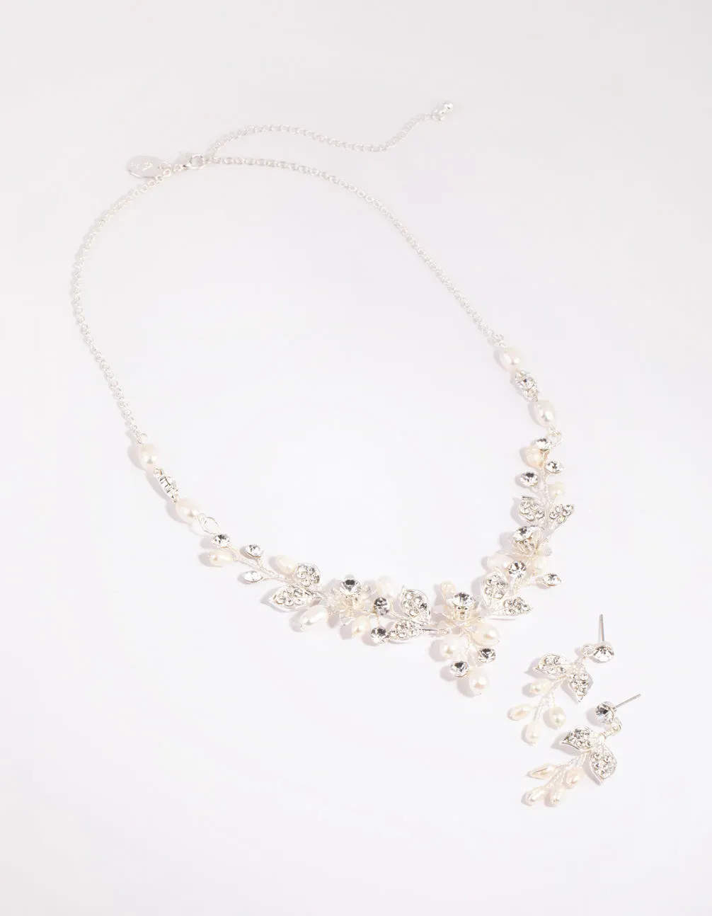 Silver Diamante & Pearl Wire Necklace & Earrings Set