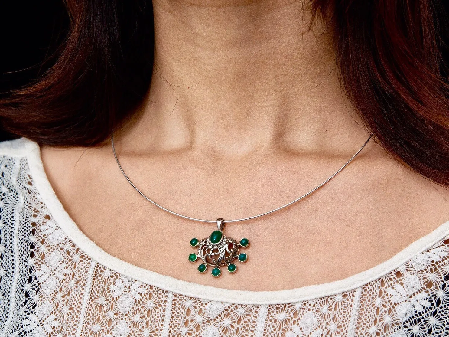 Sterling Silver Fan-shaped Elegant Pendant Necklace, Green Agate Pendant, Green Gemstone Jewelry, Gift for Her