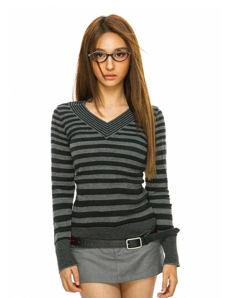 Stripe V-Neck Long Sleeve Sweater