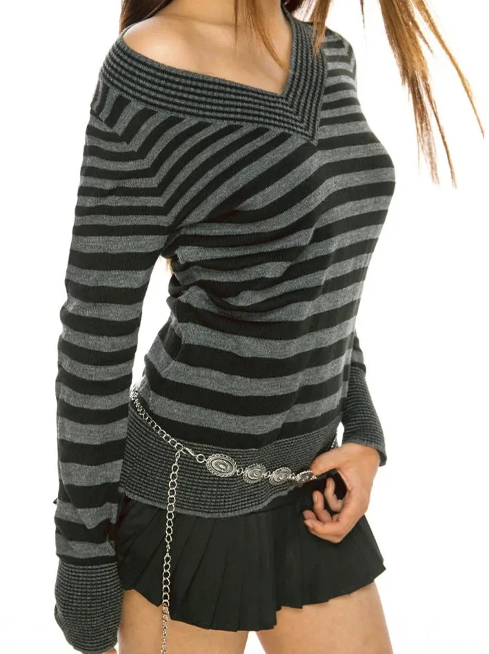 Stripe V-Neck Long Sleeve Sweater