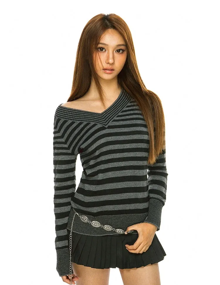 Stripe V-Neck Long Sleeve Sweater