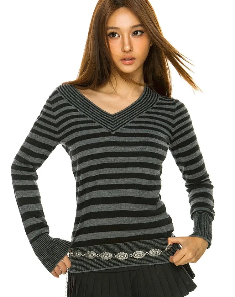 Stripe V-Neck Long Sleeve Sweater