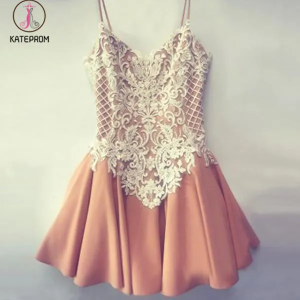 Stylish A-Line Spaghetti Straps Short Homecoming/Prom Dress with White Lace Applique KPH0181