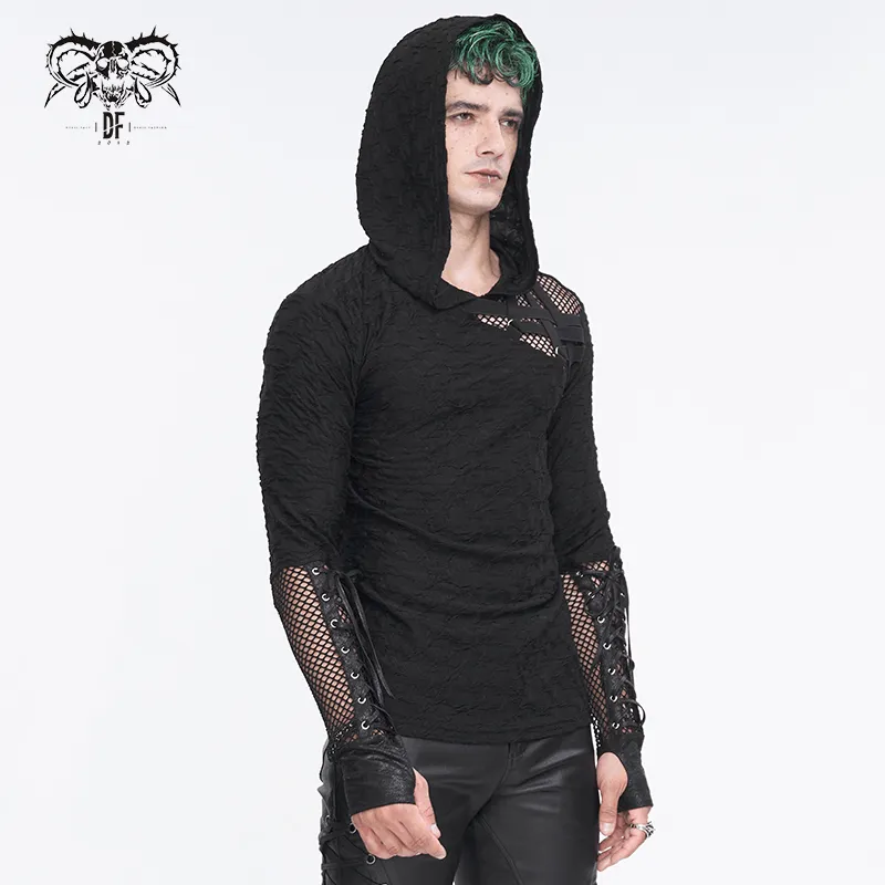 Stylish Black Hooded Mesh Panel Sleeves Top for Edgy Fashion
