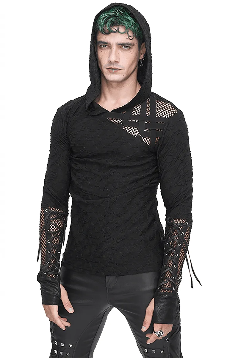 Stylish Black Hooded Mesh Panel Sleeves Top for Edgy Fashion