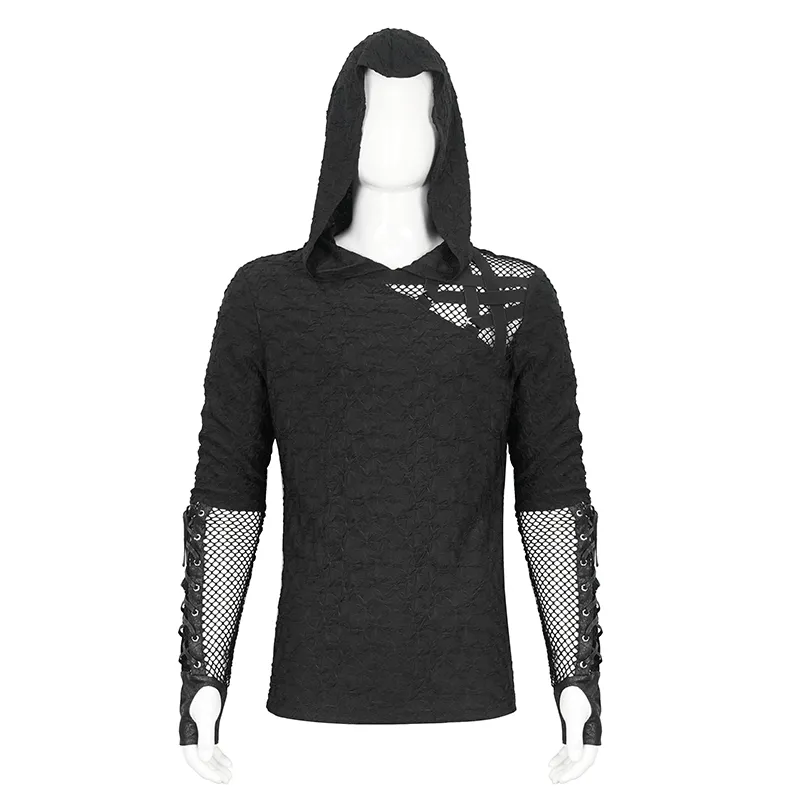 Stylish Black Hooded Mesh Panel Sleeves Top for Edgy Fashion