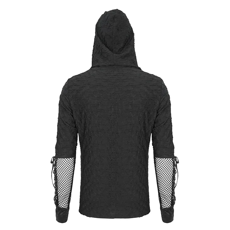 Stylish Black Hooded Mesh Panel Sleeves Top for Edgy Fashion