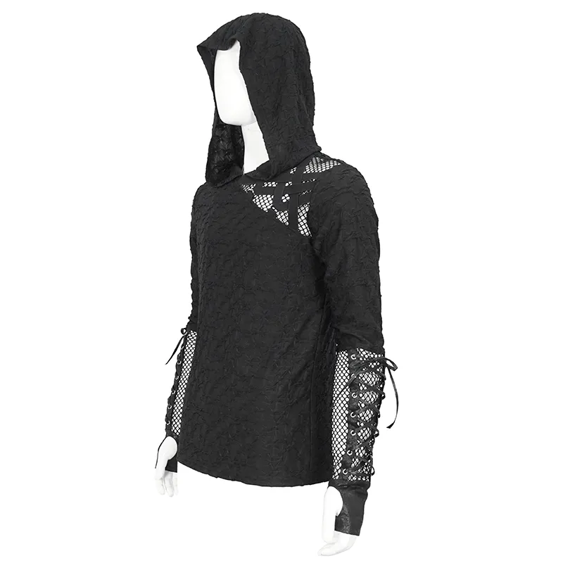 Stylish Black Hooded Mesh Panel Sleeves Top for Edgy Fashion