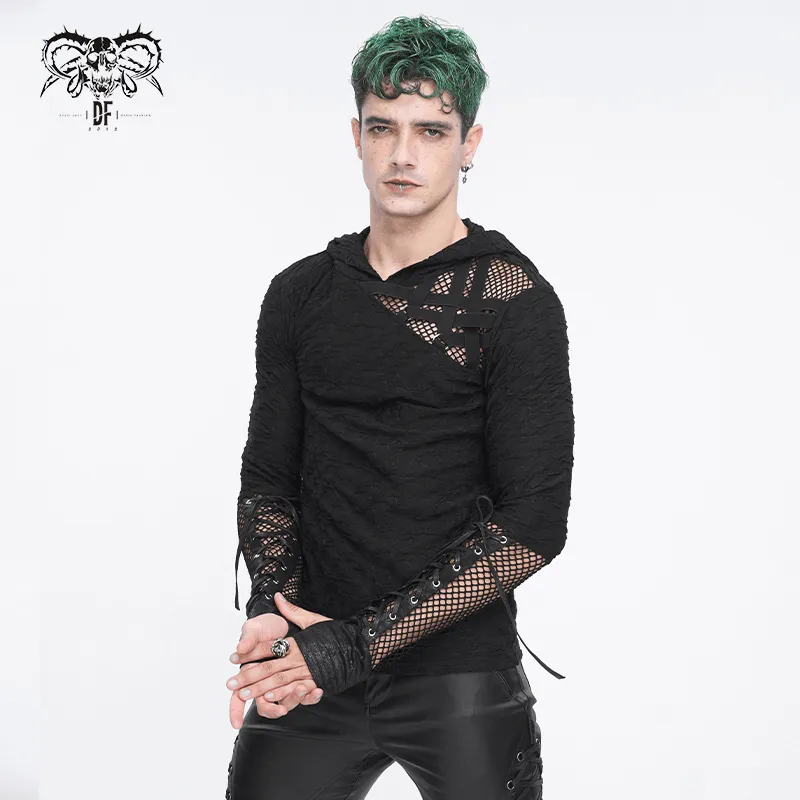 Stylish Black Hooded Mesh Panel Sleeves Top for Edgy Fashion