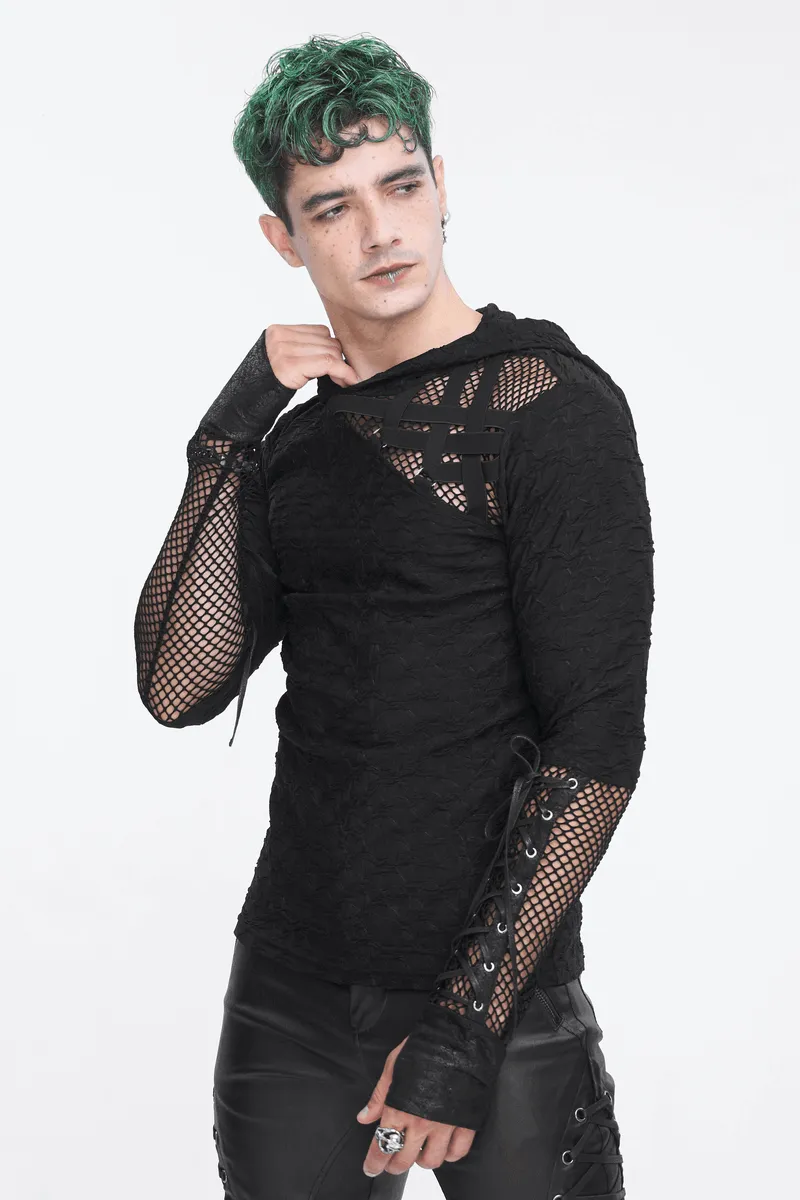 Stylish Black Hooded Mesh Panel Sleeves Top for Edgy Fashion