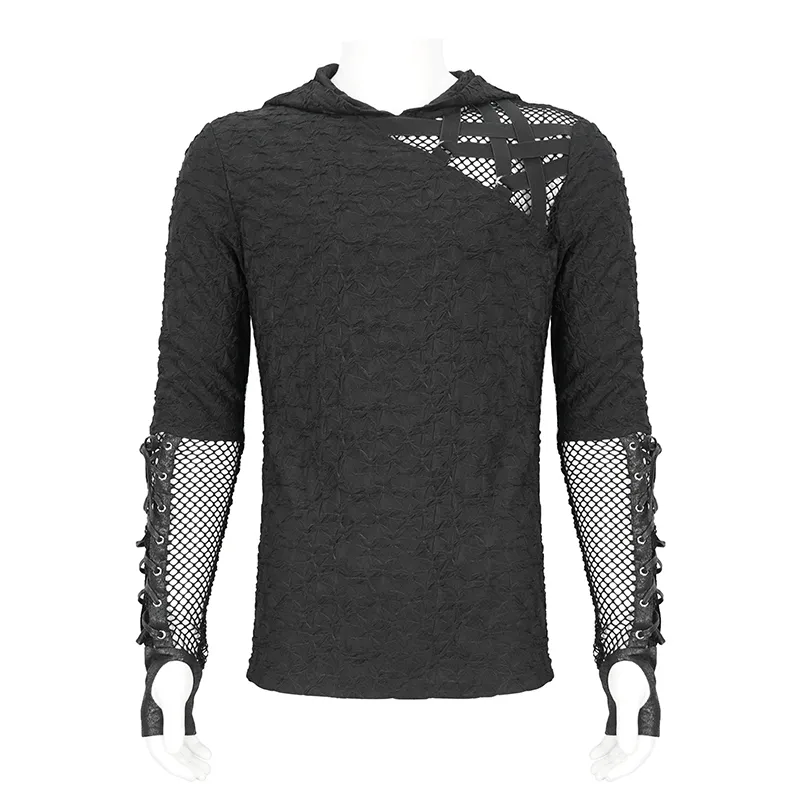 Stylish Black Hooded Mesh Panel Sleeves Top for Edgy Fashion