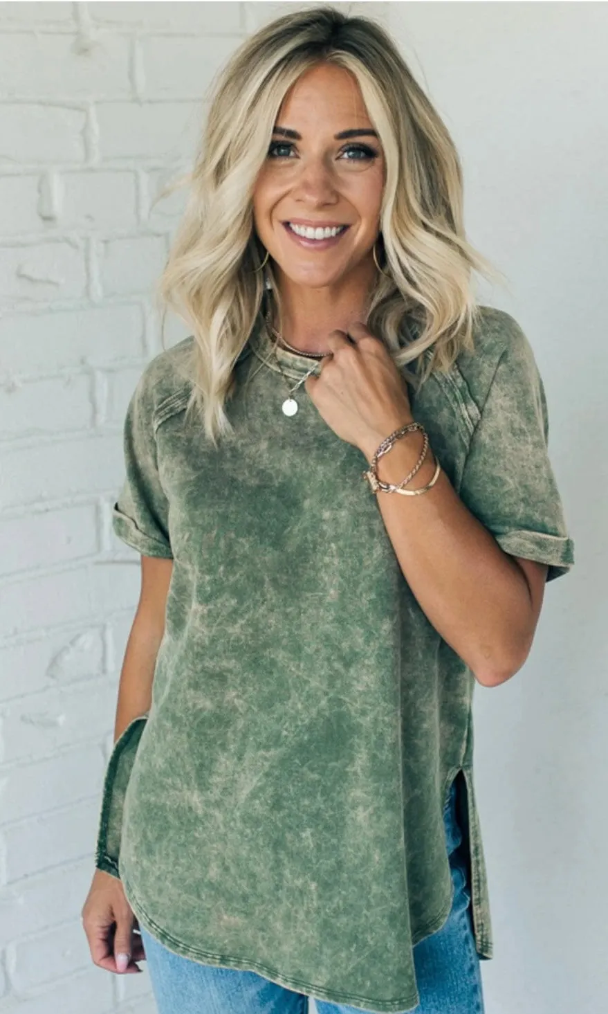 Terry Acid Wash Short Cuff Sleeve Pullover