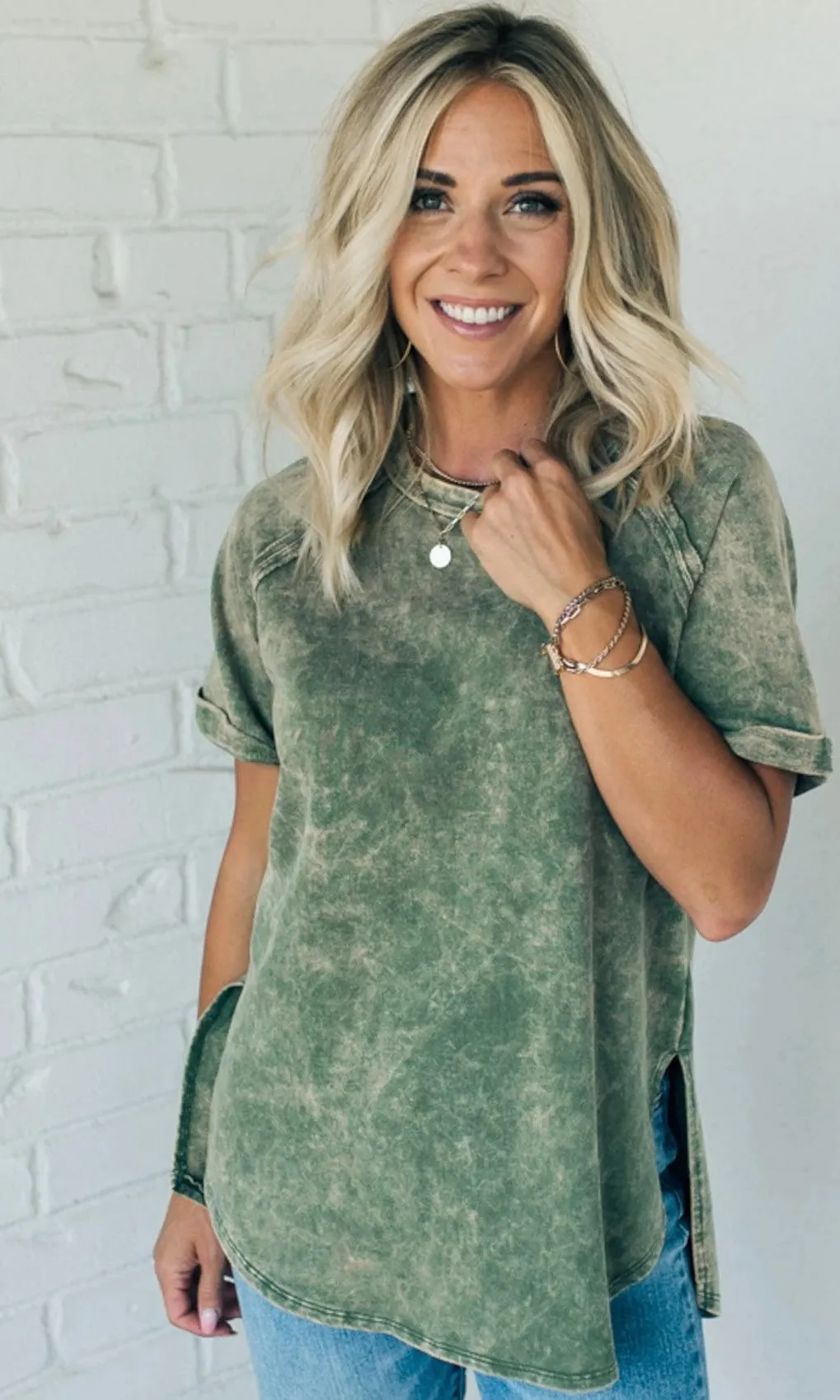 Terry Acid Wash Short Cuff Sleeve Pullover