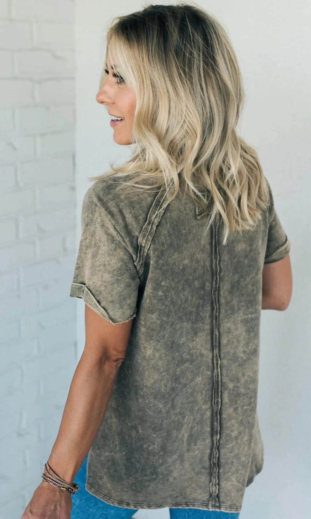 Terry Acid Wash Short Cuff Sleeve Pullover