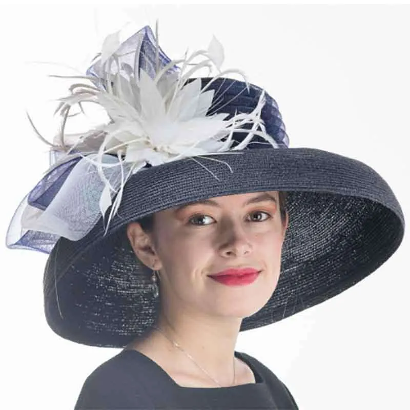 Tiffany Brim Polystraw Dress Hat with Feather Flower - KaKyCO