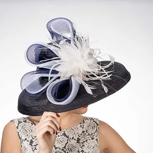 Tiffany Brim Polystraw Dress Hat with Feather Flower - KaKyCO